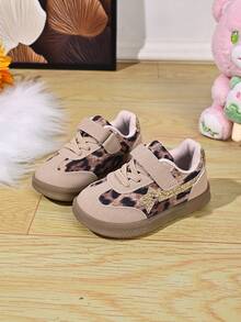 Girls' Vintage Training Casual Shoes, Leopard Print Color Block Design, Hook And Loop Closure For Easy On And Off, Soft Round Toe Shape, Side Stripe Accent - Camel - View 2