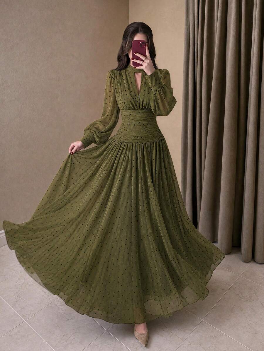Women's Polka Dot Pleated Casual Party Dress - Army Green - View 1
