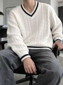 1pc Teen Boys V-Neck Knit Sweater, Elegant & Comfortable, Versatile For Gatherings, Outings, Back To School - White - View 11