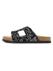 Women Marble Print Double‑Strap Cork Footbed Slide Sandals - Black - View 2