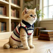 HaoX 2pcs Pet Polo Collar Vest Shirt + Pet Storage Hook Set, Suitable For Cats And Small Dogs, Sleeveless Striped Pet Clothes, Suitable For Ragdoll, Golden Shaded, Devon Rex, Orange Cat, Teddy And Bichon, Comfortable Indoor Daily Wear Set - Multicolor - View 4
