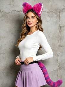 Women's Halloween Cosplay Plush Cat Ears & Tail Set, Purple-Pink Gradient Striped Fluffy Cat Ear Headband, Stage Performance Carnival Party Costume Accessory - Purple Kitten - View 8