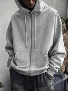 Men's Light Gray Full Zip Hoodie Sweatshirt, Autumn/Winter Casual Hooded Jacket With Kangaroo Pocket, Minimalist Style - Grey - View 1