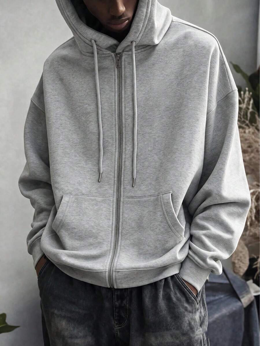 Men's Light Gray Full Zip Hoodie Sweatshirt, Autumn/Winter Casual Hooded Jacket With Kangaroo Pocket, Minimalist Style - Grey - View 1