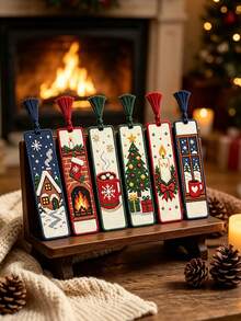 6pcs Christmas‑Themed Cross‑Stitch Bookmark Set, DIY Christmas Bookmark Kit, Medium‑Grid Three‑Strand Embroidery Thread, Christmas Tree, Bell, And Fireplace Pattern - Multiple Styles - View 4