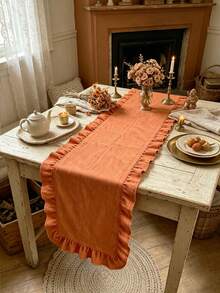 1pc Vintage Orange Ruffle Edge Table Runner, Suitable For Dining Table, Daily Home, Holiday Gathering, Afternoon Tea, Party Decoration, Lightweight Breathable Washable And Reusable - Orange - View 5