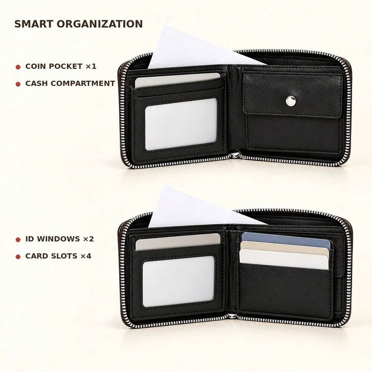 HOVI'S 1pc Black Crocodile Embossed PU Leather Men's Short Wallet, Multi-Functional Large Capacity Zipper Wallet, Card Slot Design + ID Window + Coin Compartment, Full Zipper Closure Business Casual Wallet, Suitable For Commuting, Travel, Daily Use For Men - Brown - View 6