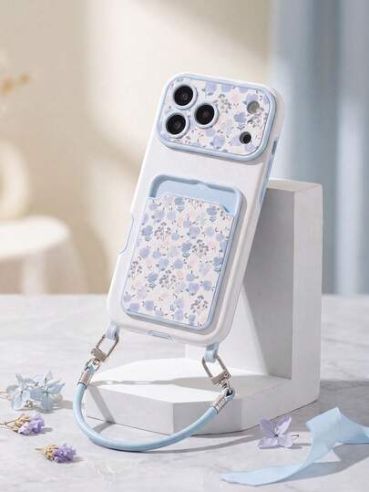 1pc Fashionable Creative Full-Screen Blue Floral & Leaf Pattern, Fashion Card Holder Lanyard TPU Material Anti-Drop Protective Phone Case, Suitable As Holiday Gift Compatible With Apple 11/12/13/14/14plus/15/15plus/16/16plus/17/17pro/18pro/18PM And Other Models Protective Cover