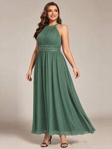EVERPRETTY Plus Size Elegant Beaded Ruched Chiffon Halter Neck Green Bridesmaid Dress, Suitable For Evening Party, Wedding, Semi-Formal Occasion Guest Attire - Green - View 6