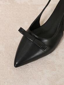 Women's Black Pointed Toe Bow Backless Slingback Pumps, Chunky Heel Sandals, Elegant Daily Commute & Date Shoes - Black - View 2