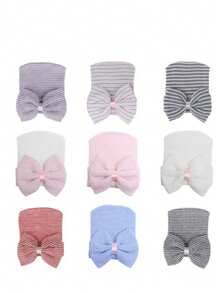 YIYIQCSJ 1pc Baby Newborn Hat Set Striped Pattern Bowknot Decor Cute Brimless Soft Hat Suitable For Baby Girls Boys 0-3 Months - Multicolor - View 8