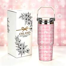 1/5pcs 30oz Portable Insulated Tumbler, Pink Plaid Bottom With White Daisy Flat Print, With Portable Handle Flip Lid, Stainless Steel Vacuum Insulation, Keeps Cold And Hot. Fresh And Soft Pastoral Style, Large Capacity Suitable For Outdoor Carry, Simple And Elegant, Perfect For Daily Use Or As A Thoughtful Gift For Your Best Friend. - Checkered Daisy - View 1
