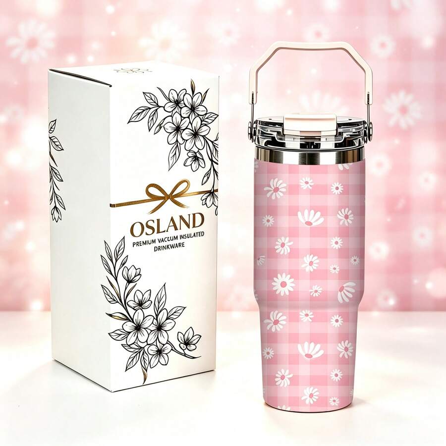1/5pcs 30oz Portable Insulated Tumbler, Pink Plaid Bottom With White Daisy Flat Print, With Portable Handle Flip Lid, Stainless Steel Vacuum Insulation, Keeps Cold And Hot. Fresh And Soft Pastoral Style, Large Capacity Suitable For Outdoor Carry, Simple And Elegant, Perfect For Daily Use Or As A Thoughtful Gift For Your Best Friend. - Checkered Daisy - View 1