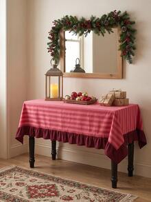 1pc Red And White Thin Striped With Burgundy Ruffle Edge Tablecloth, Christmas Baking Style Fabric Material, Rectangular Burgundy Ruffle Edge Patchwork Detail, Stain-Resistant Protection And Decorative Function For Home Long Table, Suitable For Christmas Baking Decor And Holiday Kitchen Scenes - Red - View 6