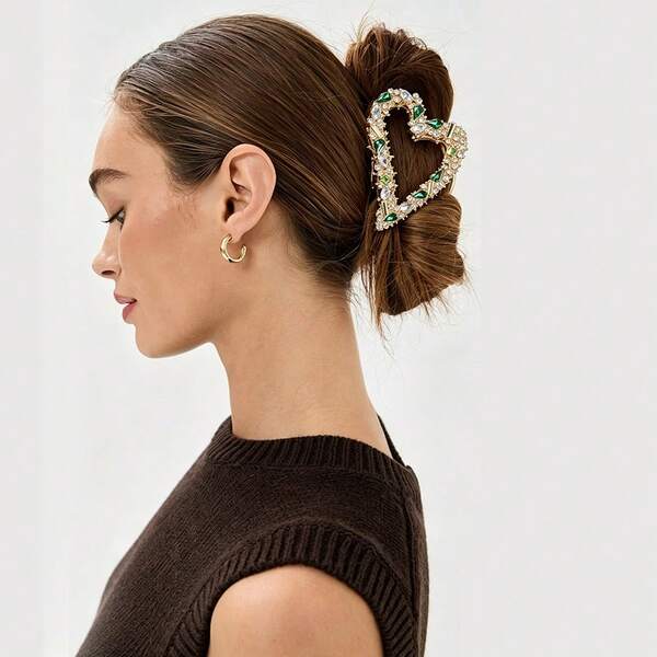 Hollow Heart Colorful Rhinestone Hair Claw, Gold-Plated Water Drop Crystal Hair Claw, Luxury Gemstone Hair Grip, Non-Slip Secure Half-Up Low Bun, Exquisite Hair Accessory For Christmas Party, Date, Banquet, Wedding