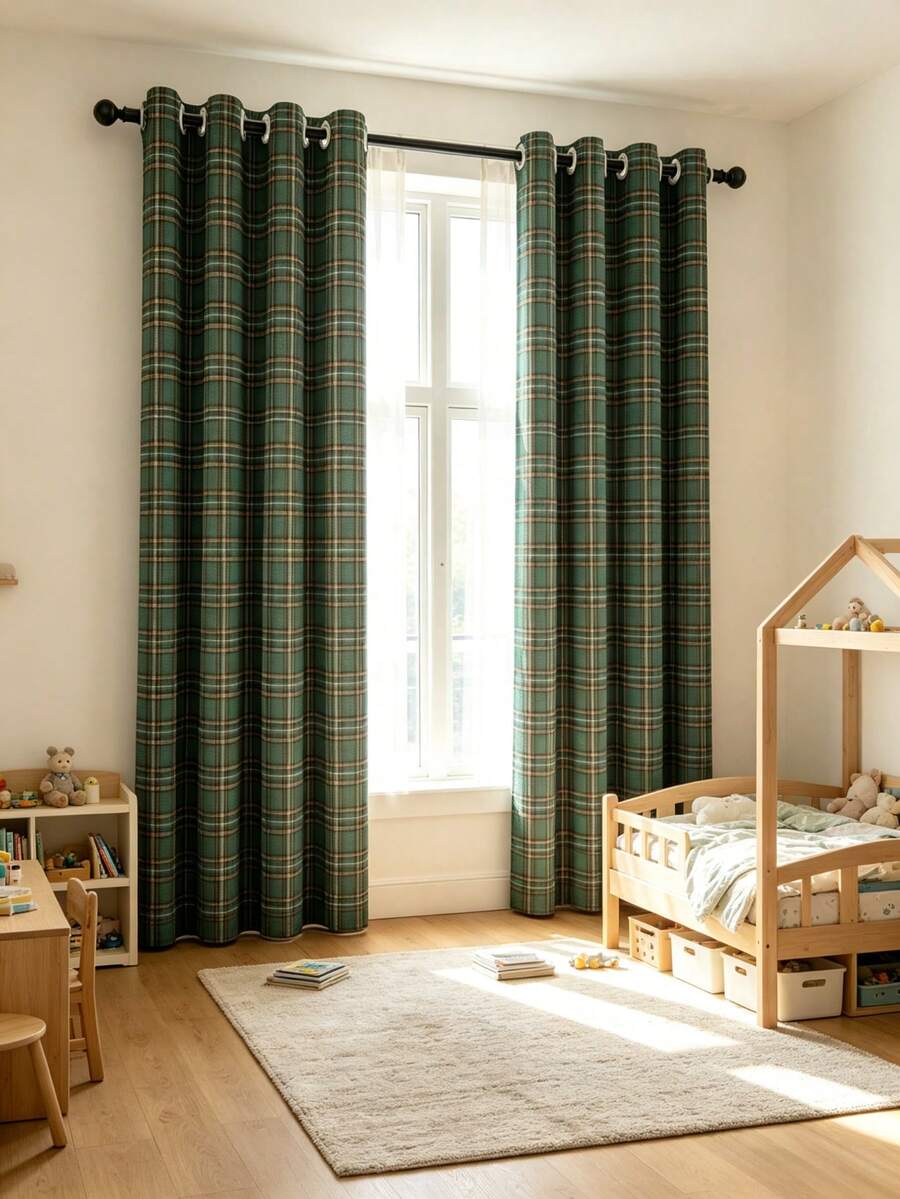 1PC Grommet Top American Vintage Christmas Red & Green Plaid Fabric ...