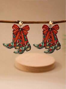 1 Pair Denim Boot Pendant Earrings With Bow Decoration, Christmas Jewelry Gift For Women - Red - View 3
