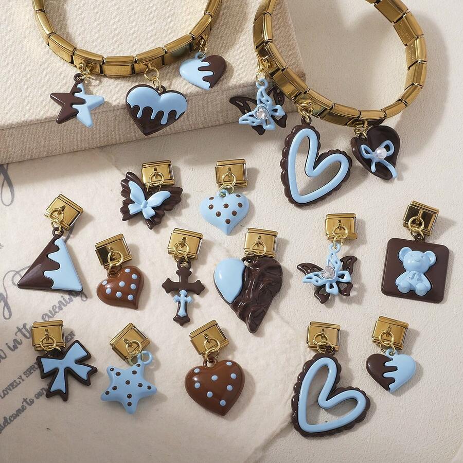 1pc Cute Chocolate Blue Enamel Zinc Alloy Charm, Heart Star Bow Bear Dangle Pendant For DIY Bracelet Necklace Jewelry Making - Blue and Coffee Color-block Design - View 1