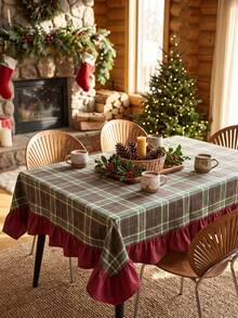 1pc Green Brown Red Classic Large Plaid Tablecloth Traditional Country Style Rectangular Burgundy Ruffle Edge Pleated Detail Stain-Resistant Protective Tablecloth For Home Long Table Suitable For Christmas Family Gathering And Winter Holiday Dining Room Decor - Green - View 6