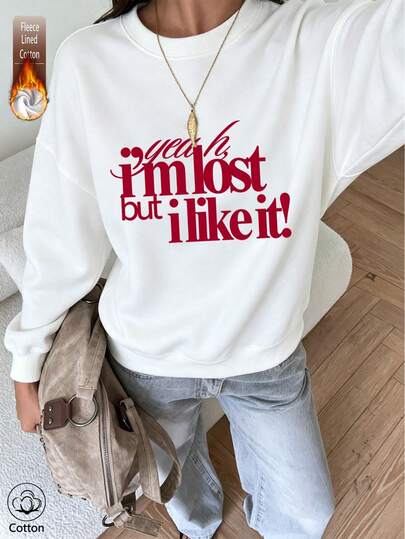 sweat-shirt en coton doublé de polaire pour femmes, imprimé slogan rouge, pull décontracté à col rond et épaules tombantes, convient pour le streetwear d'automne