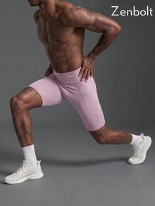 ZenBolt Men's High Waist Elastic Compression Fitness Shorts With Pockets, Workout Running Training Sports Shorts - Baby Pink - View 5
