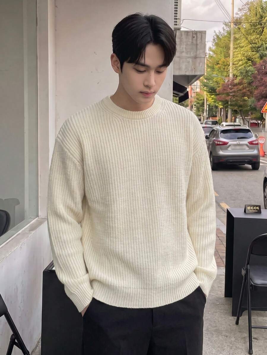 Men's Autumn/Winter Basic Solid Color Casual Fitted Lightweight Sheer Polyester Pique Texture Niche Design Long Sleeve Drop Shoulder Crew Neck Pullover Sweater - Beige - View 1