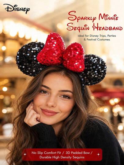 Funko 1pc Disney Classic Black & Red Full Sequin Minnie Ears Headband, Black Ears Fully Covered In Sequins With 3D Shiny Red Sequin Bow, Anti-Fold Classic Sparkling Accessory, Essential For Disney Theme Park Travel And Vacation Outfits