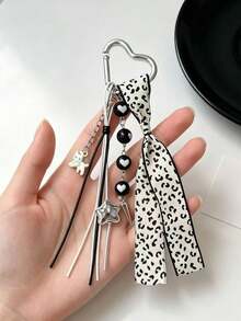 Korean Cool Style Black White Leopard Print Keychain, White Cat Tassel Beaded Bag Charm - Multicolor - View 6
