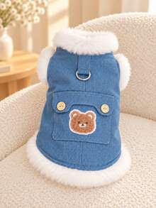 Cute Bear Print Double-Layer Fleece Pet Vest - Thickened Warmth, Soft & Comfortable, With Warm Wool Lining, D-Ring Chest Strap, Cute Bear Design - Winter Pet Jumpsuit (Blue) - Blue - View 10