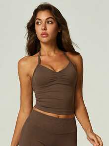 UONNOU Women's Brown Sports Shaping Tank Top, Halter V-Neck Ruched With Padded Support Sports Bra, Yoga Fitness Casual Sports Outfit Summer - Brown - View 6