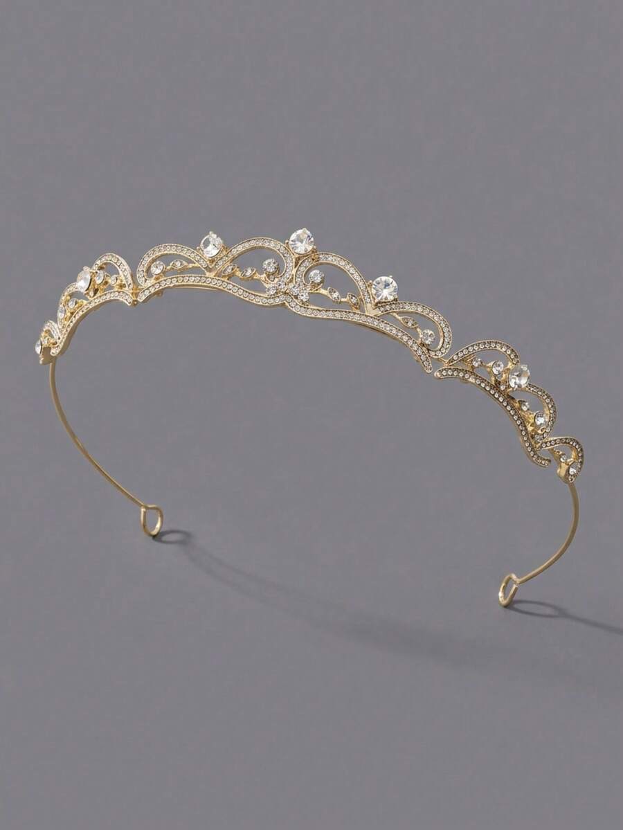Bridal Wedding Sparkling Rhinestone Small Tiara Headband, Gold Alloy Hollow Floral Crown, Bridesmaid Birthday Ball Evening Party Princess Hair Accessory