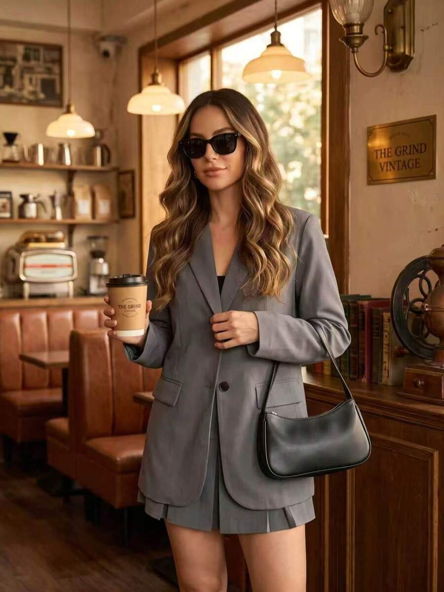 Women's 2 Pieces Solid Color Button Front Long Sleeve Blazer And Skirt Set, Casual Office School Spring Autumn Outfit - Grey - View 1