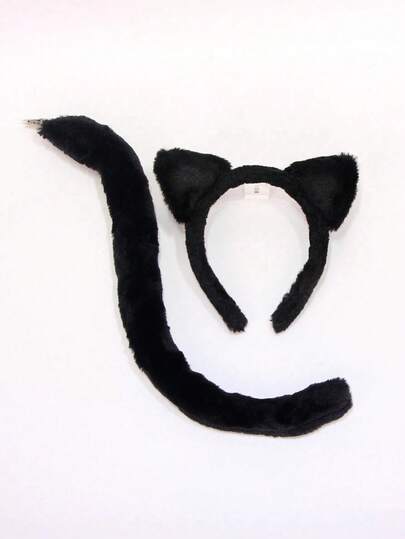 1/2pcs Halloween Animal Cute Black Cat Ear Headband And Tail Accessory, Halloween Headpiece For Holiday Party Costume, Masquerade Headband