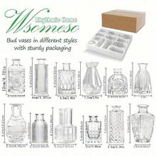 [Boho | Glass] 12pcs Bohemian Glass Vase Set | Rustic Wedding Mini Vases, Home And Dining Table Decor, Small Vintage Glass Bud Vases, Bulk Clear Flower Jars For Wedding Decoration Home Decor Room Decor Flower Vase - Multicolor - View 16