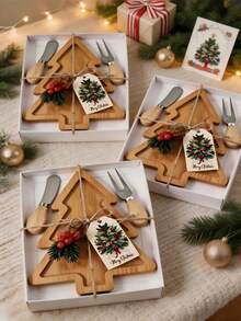 28/14/7pcs Christmas Wooden Tray & Cutlery Gift Set , Christmas Tray, Cutlery, Card, Twine, Gift Box, And More. Perfect For Christmas Table Settings, Party Favors, Holiday Decor, And Guest Gifts; Ideal For Christmas Celebrations And Themed Parties - Multicolor - View 1