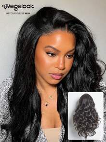 MEGALOOK 36 Inch Long Length 13x4 Lace Front Wig 100% Human Hair Natural Color Body Wave Transparent Lace Pre Plucked Bleached Knots Breathable Cap All Day Comfort Black Beginner - Natural Black - View 2