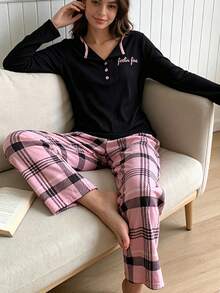 Teenager Letter Printed Pattern Long Sleeve Pajama Set,Ribbed Top+Pink Plaid Pants,Soft Breathable Girl Loungewear, Cute Home Sleepwear Autumn Winter - Black - View 1