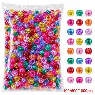 100/600/1000pcs Macaron Plastic Perforated Beads For Hair, Loose Rainbow Hair Beads, DIY Bracelet Necklace Jewelry Making Materials (Mixed Colors)