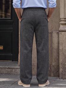 Men Fall Vintage Dark Grey Herringbone Wide Leg Pants, Elastic Waist Drawstring Relaxed Trousers With Pockets, Business Daily Holiday Bottoms - Dark Grey - View 3