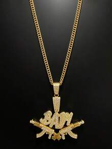 2pcs/Set Letter BABY Machine Gun Shaped Hip Hop Punk Necklace Exaggerated Men's Gold Chain Set, Vintage Punk Style, Suitable For Party, Gathering, Halloween, COS - Gold - View 5