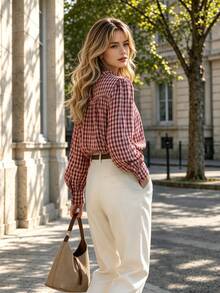Fall Red Plaid Mock Neck Blouse Women, Front Gathered Puff Long Sleeve Back Keyhole Vintage Shirt - Multicolor - View 2