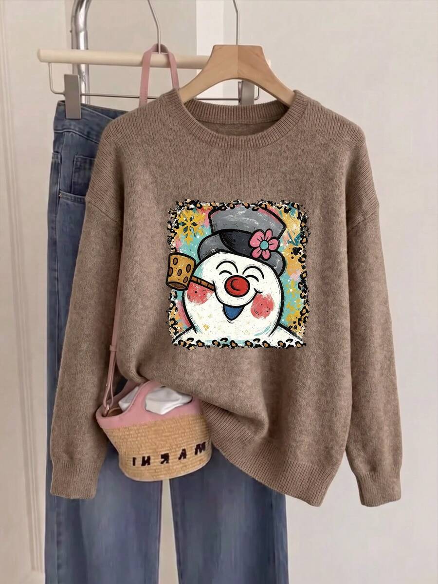 Women Vintage Snowman Graphic Long Sleeve Crewneck Sweater Leopard Border Christmas Winter Top - Earth Gray - View 1