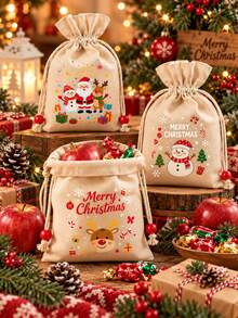 5PCS Christmas Gift Bags, Drawstring Holiday Treat Bags, Santa Snowman Reindeer Bear Print, Candy Gift Packaging, Christmas Party Favor Bags - View 4
