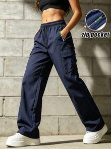 Women's Navy Drawstring Waist Cargo Pants, Multi Flap Pockets, Sweatpants For Women, Minimalist Solid Color Fashion Sports Long Pants Winter - Navy Blue - View 1
