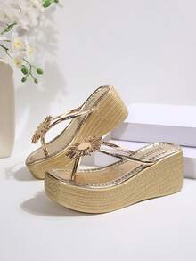 Women's Gold Metal Buckle Decor Wedge Platform Sandals, Waterproof Toe-Clip Flip Flops, Beach Vacation Daily Wear Height-Increasing Thong Sandals - Gold - View 6