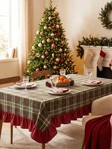 1pc Green Brown Red Classic Large Plaid Tablecloth Traditional Country Style Rectangular Burgundy Ruffle Edge Pleated Detail Stain-Resistant Protective Tablecloth For Home Long Table Suitable For Christmas Family Gathering And Winter Holiday Dining Room Decor - Green - View 8