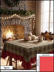 1pc Green Brown Red Classic Large Plaid Tablecloth Traditional Country Style Rectangular Burgundy Ruffle Edge Pleated Detail Stain-Resistant Protective Tablecloth For Home Long Table Suitable For Christmas Family Gathering And Winter Holiday Dining Room Decor - Green - View 13