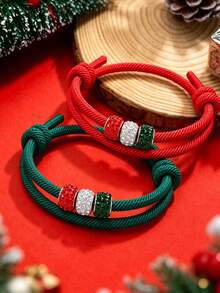 2pcs Christmas Adjustable Knotted Rope Bracelets, Red Green White Rhinestone Beads Wristbands, Holiday Party Decoration Jewelry, Suitable For Men And Women Christmas Gifts - Christmas Woven Bracelet - View 1