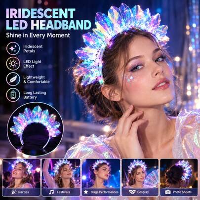 32.4x23.5cm Iridescent PET LED Floral Crown Headband, Glowing Fan-Shaped Headband, Women's Performance Costume Headpiece, Stage Lighting Accessory, Wedding, Birthday Party, Halloween, Christmas, Cosplay, Festival Celebration Photo Prop Decoration