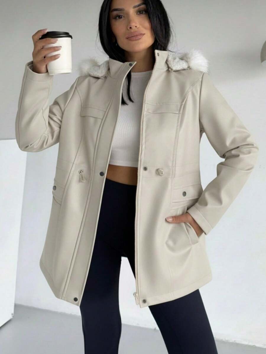 Women Hooded Pelus Lining Coat - Beige - View 1